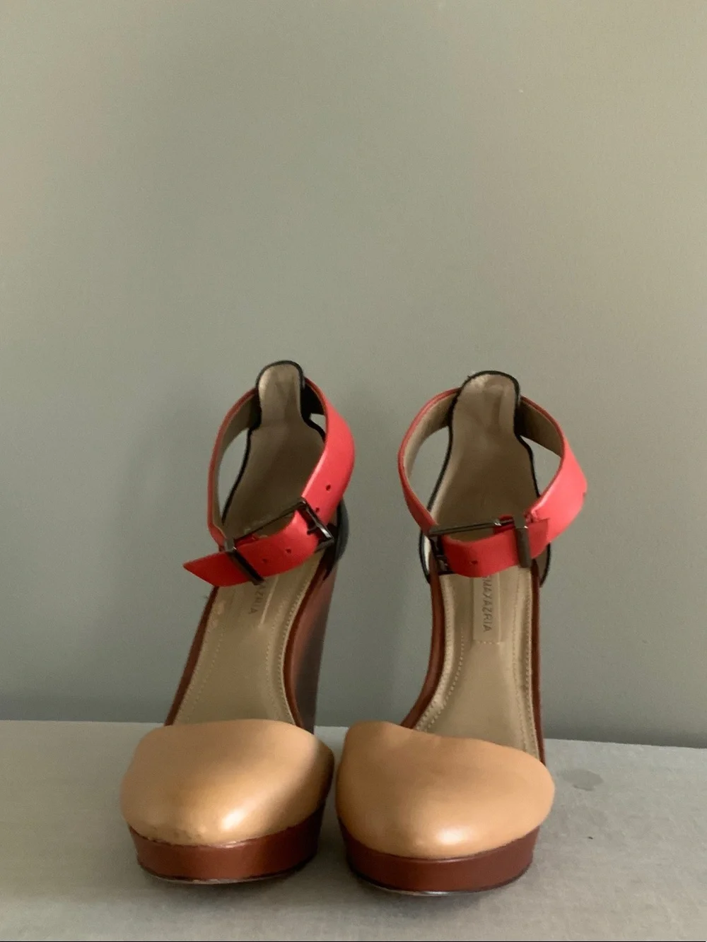 BCBGMaxAzria Coral and Tan Platform Ankle-Strap Heels